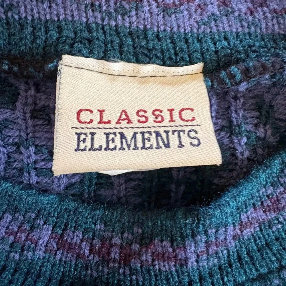Vintage Classic Elements Blue Knit Floral Print Sweater‎ Women's Size Medium
